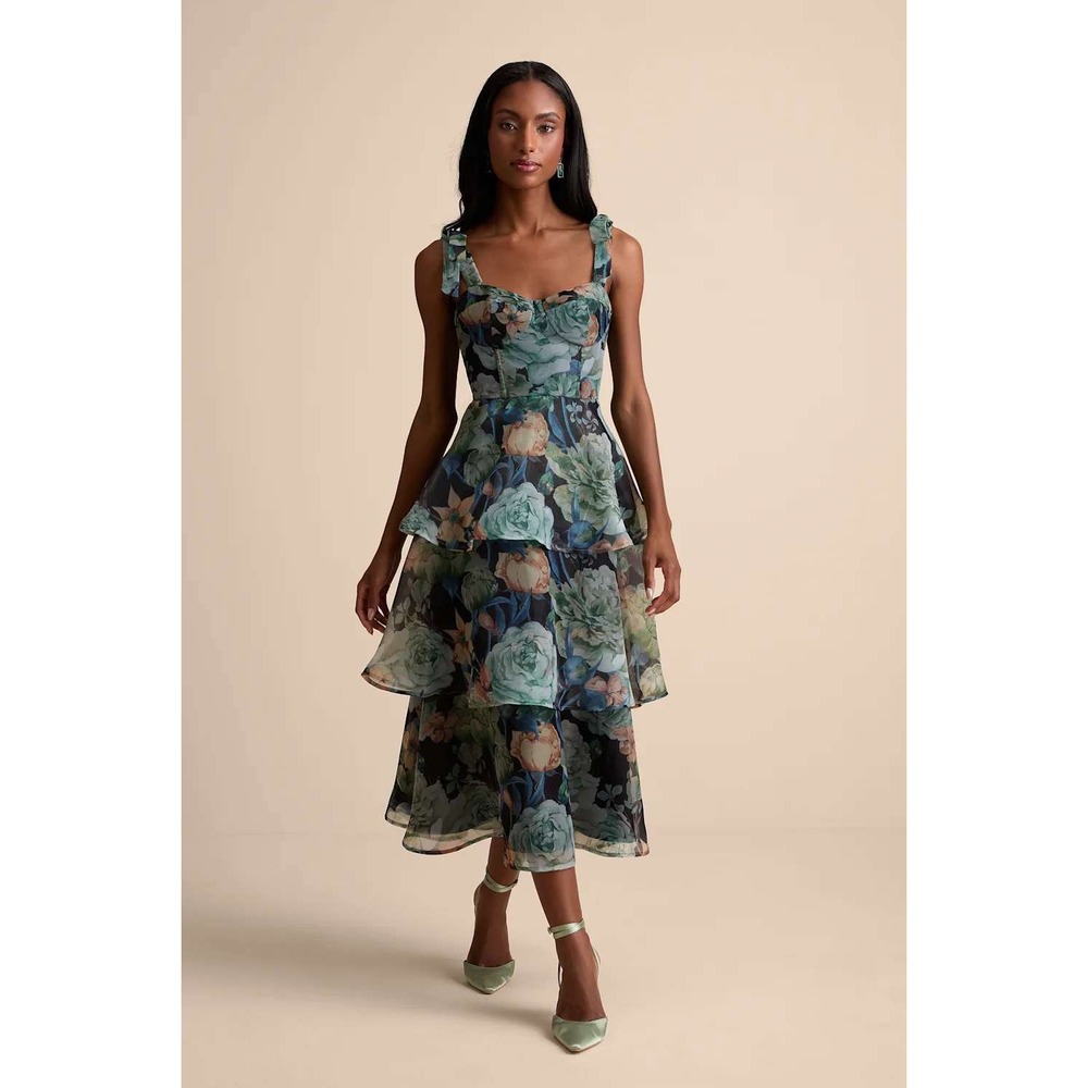 Lulus Playfully Posh Black Floral Organza Tie-Strap Tiered Midi Dress Size Small